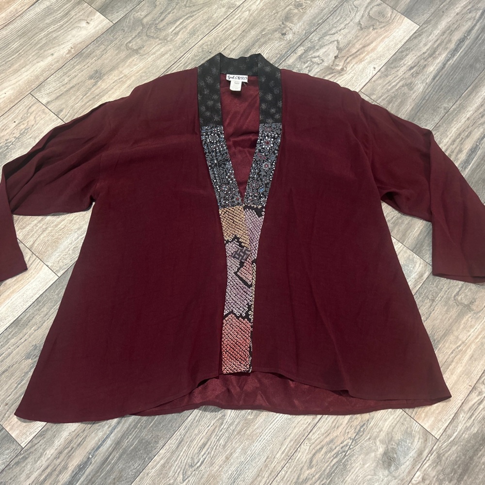 Yasuko Jacket Womens Small / Medium Lagenlook Artsy Maroon Kimono Robe Jacket